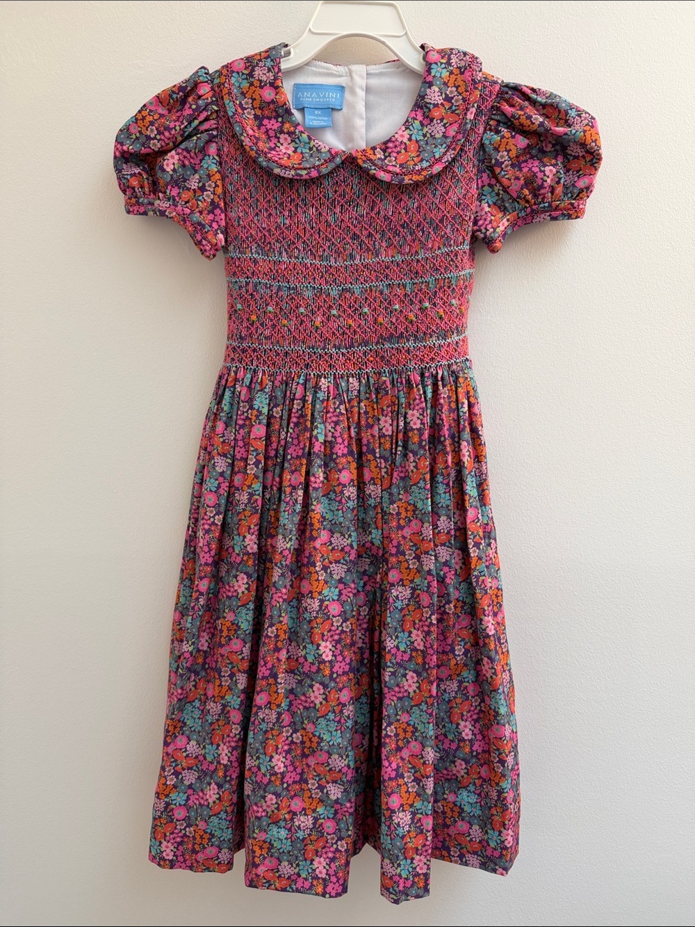 Anavini Pink Floral Smocked Girls' Dress with Peter Pan Collar